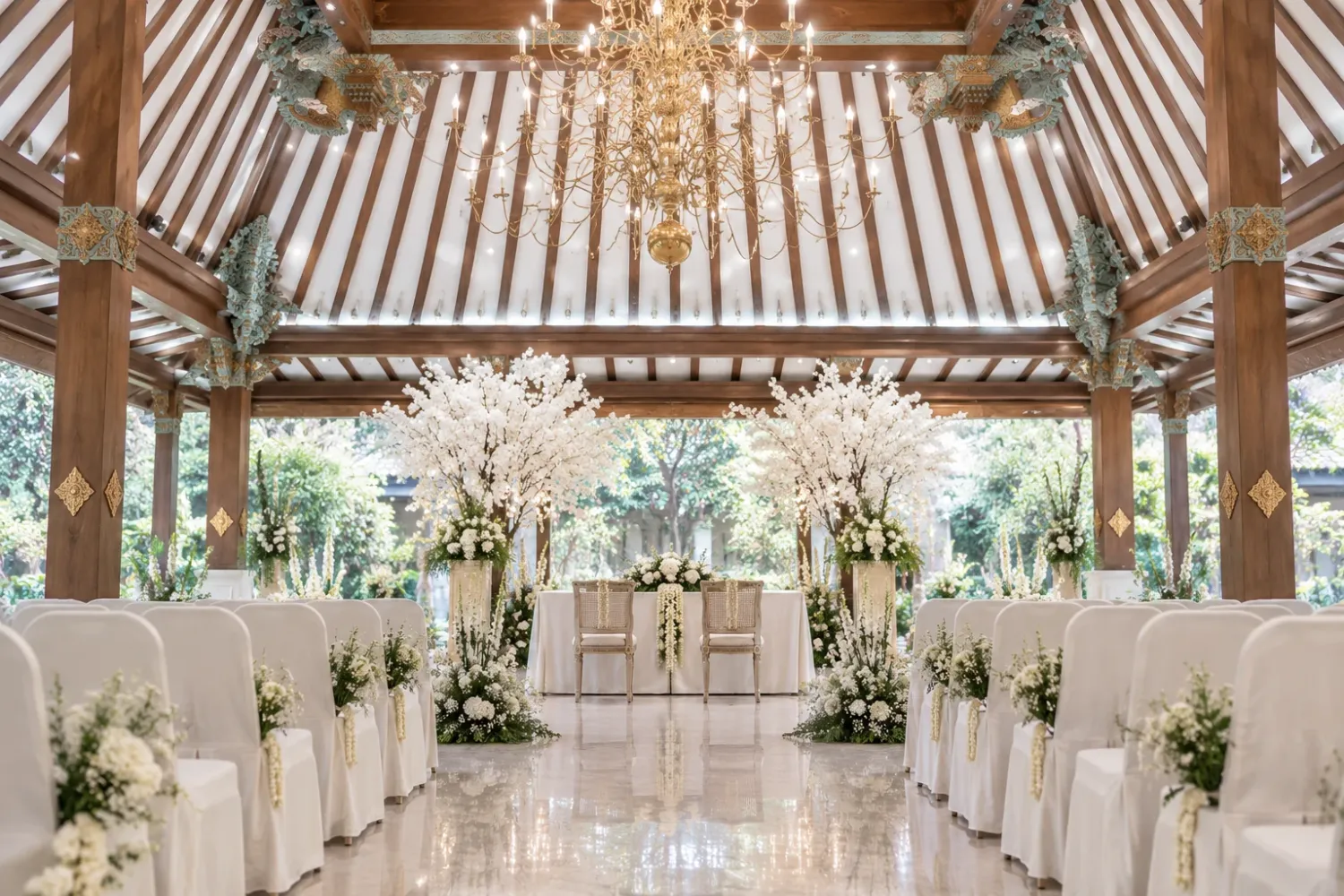 Illustration of the 2024 ceremony venue: a carved joglo ceiling, a chandelier and white blossom trees over the aisle